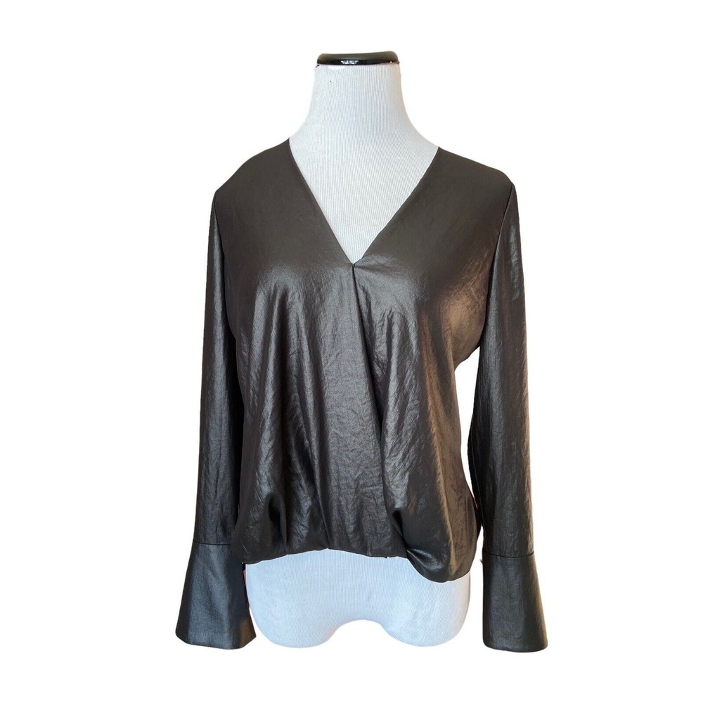 Good American Womens Long Sleeve Satin Sheen Faux Wrap Top Size 1 Black Hi-Low